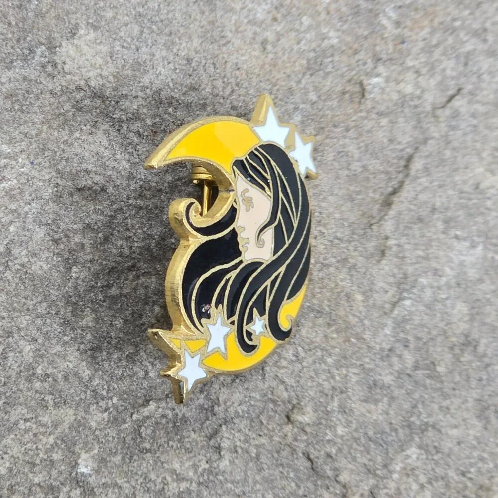 Lady in the Crescent Moon Stars Sky Magical Mystical Woman Enamel Lapel Hat Pin
